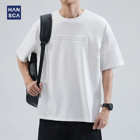 hansca 钢印短袖t恤男款宽松纯棉夏季潮牌印花休闲圆领白色打底衫商品大图