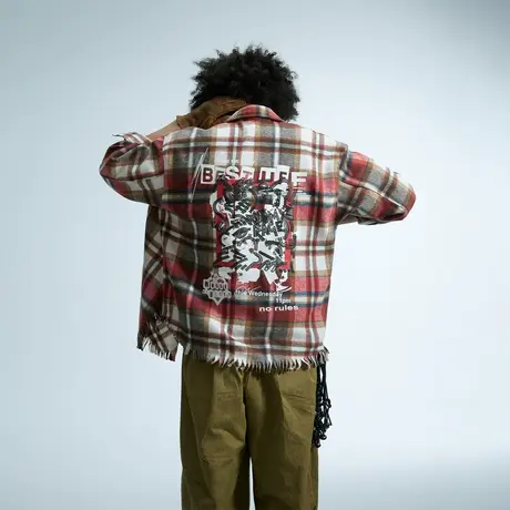 街头潮牌嘻哈格子衬衫男女春季新款复古毛边情侣装宽松设计感衬衣图片