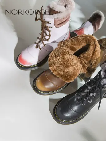 2023新款冬复古仙女风粉色圆头真毛雪地靴粗跟厚底防滑马丁靴短靴商品大图