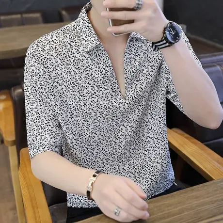 衬衫男长袖春季2023新款男装短袖上衣服潮牌宽松V领半袖休闲寸衫商品大图