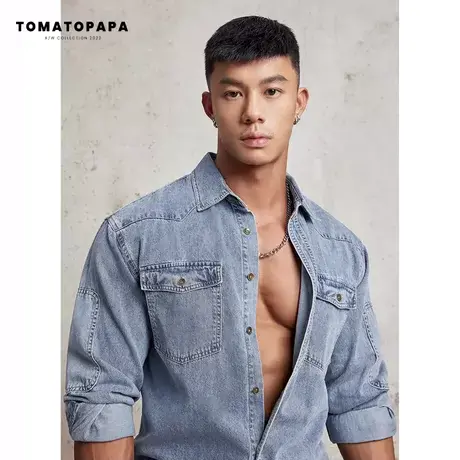 TOMATOPAPA新款牛仔衣外套男水洗复古做旧翻袋领衫工装夹克开衫男商品大图