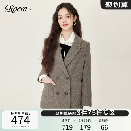 Roem春秋 新品商场同款复古格纹小个子优雅职业羊毛西装短外套女商品大图