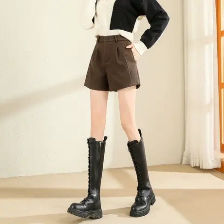 时尚气质百搭显瘦短裤2022年冬季新款女士简约修身高腰通勤毛呢裤商品大图