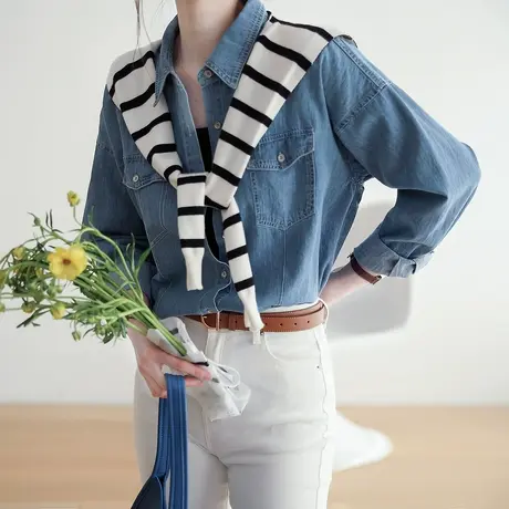 嘉茱莉2023年新款牛仔衬衫女休闲外套设计感小众上衣内搭叠穿衬衣商品大图