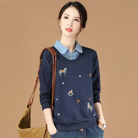 韩潮袭人刺绣假两件女士卫衣宽松韩版2023秋装新款套头长袖上衣商品大图