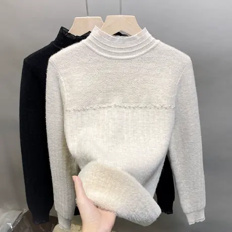 加绒半高领毛衣女蕾丝一体绒加厚打底衫2023秋冬新款内搭钉珠上衣图片