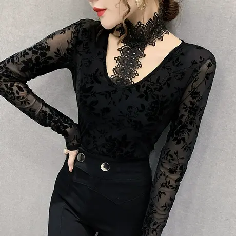 性感V领挂脖T恤女长袖网纱植绒洋气质上衣紧身内搭打底衫女春秋潮图片