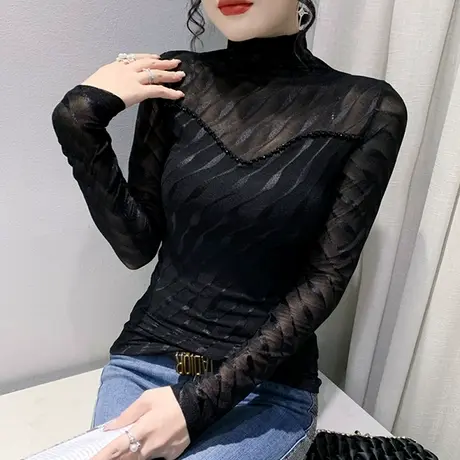 欧货高领打底衫女加绒秋冬洋气性感网纱上衣设计感气质T恤长袖ins商品大图