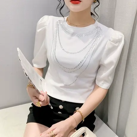 2023夏装新款网红泡泡袖T恤女纯色百搭洋气小衫设计感五分袖上衣商品大图