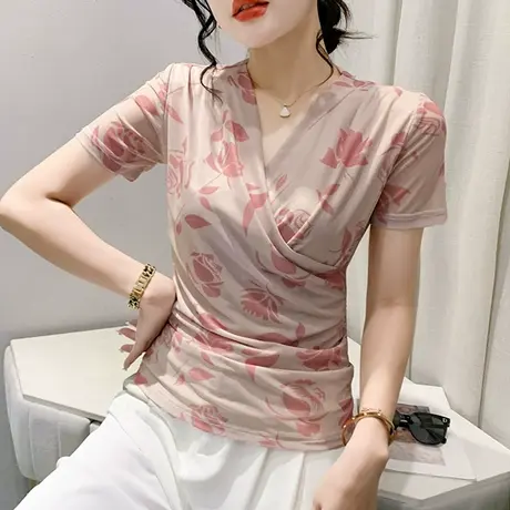 复古印花T恤女短袖2023夏装新款性感V领网纱小衫设计感交叉上衣潮商品大图