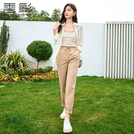 香影直筒休闲裤女高腰2023年夏装新款宽松显瘦抽绳卷边卡其色裤子图片