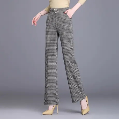 高腰格子长裤直筒裤女春秋2023新款垂感显瘦通勤微喇阔腿裤休闲裤商品大图