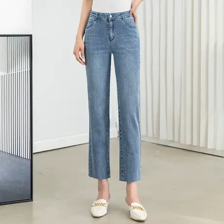 浅色高腰窄版直筒牛仔裤女2023新款春夏薄款小个子裤子九分烟管裤商品大图