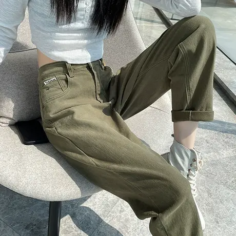 绿色老爹牛仔裤女春秋2023年新款高腰直筒宽松显瘦百搭九分哈伦裤商品大图