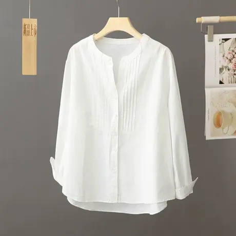 简约纯棉立领白色衬衫女秋季2023新款设计感长袖上衣韩版宽松衬衣商品大图