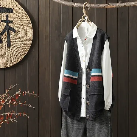 枫谜秋季新款条纹撞色洋气开衫毛线马夹宽松口袋开衫背心图片