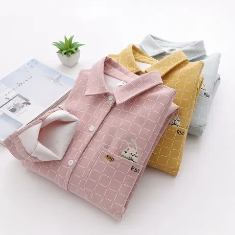 学院风可爱绣花格子加厚衬衫女冬文艺小清新宽松加绒保暖打底衬衣图片