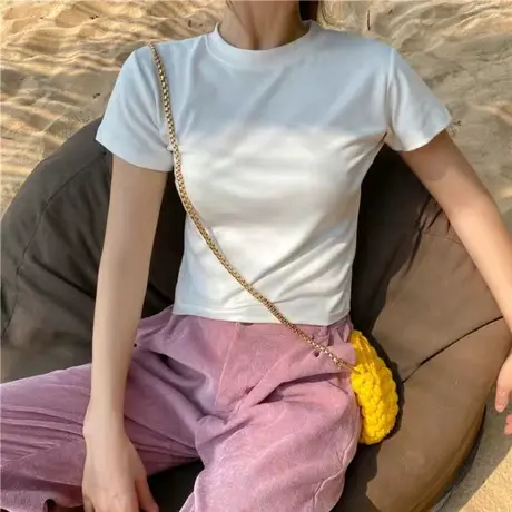 短款纯棉白t短袖T恤女高腰露脐夏季辣妹内搭bm白色上衣服夏天新款商品大图
