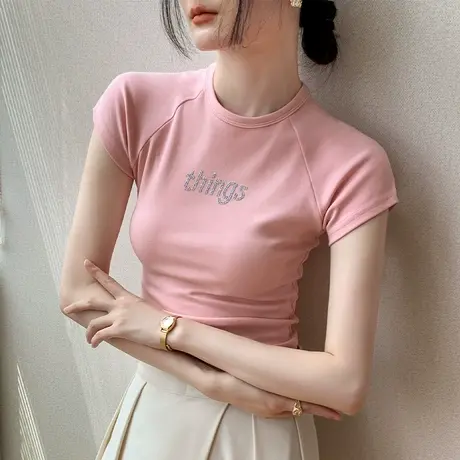 欧货烫钻字母短袖T恤女2023夏季新款小飞袖正肩紧身显瘦半袖上衣商品大图