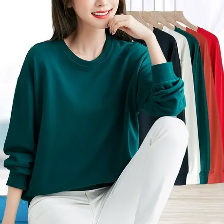 深绿纯色中年卫衣女春秋薄款2023新款圆领套头修身上衣长袖打底衫商品大图