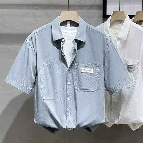 夏季全棉短袖衬衫男青年男士翻领半袖衬衣纯色日系宽松休闲外套男商品大图