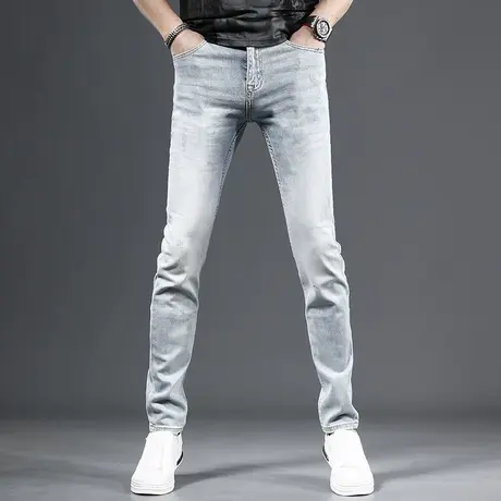 高端牛仔裤男款修身小脚2023新款夏季薄款浅色弹力百搭休闲男裤子商品大图