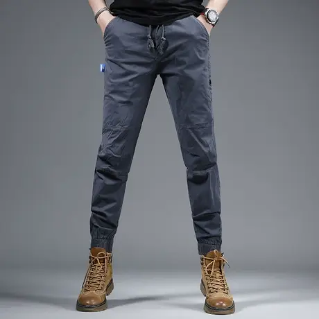 美式休闲工装裤男夏季薄款2023新款宝蓝色潮牌修身束脚男士工装裤图片