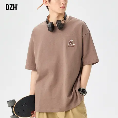 男士咖啡色短袖t恤男夏季纯棉美式上衣2023新款刺绣圆领体恤半袖商品大图