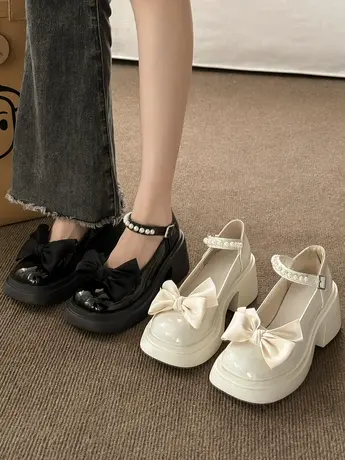法式玛丽珍小皮鞋女2023年新款夏季增高蝴蝶结配裙子粗跟高跟单鞋商品大图