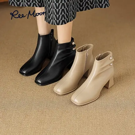REEMOOR睿慕2023冬季新款法式复古高跟短靴女方头粗跟时装瘦瘦靴图片