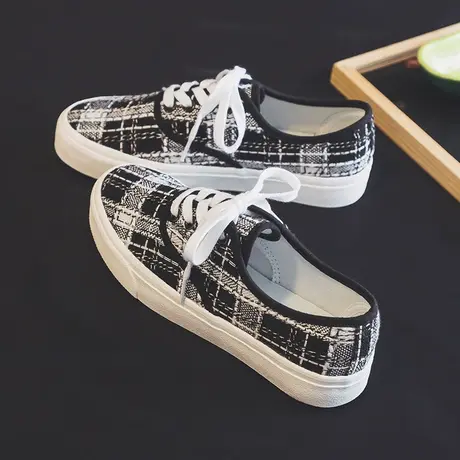 复古帆布鞋女2023新款春秋季透气格子鞋韩版ulzzang百搭休闲板鞋图片
