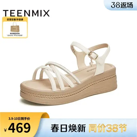 天美意仙女一字带坡跟凉鞋女外穿厚底时装凉鞋2024夏新款CKV03BL4图片