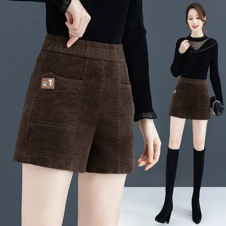 黑色灯芯绒短裤女秋冬高腰外穿休闲裤子2023条绒显瘦宽松阔腿靴裤商品大图