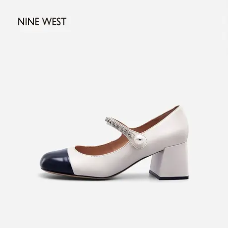 Nine West/玖熙高跟玛丽珍鞋春季新款珠链绊带粗跟小香风单鞋图片
