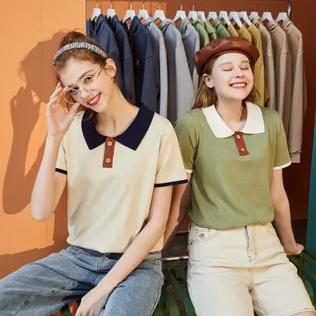 唐狮夏季女休闲POLO衫宽松简约翻领短袖T恤小众减龄上衣服polo领商品大图
