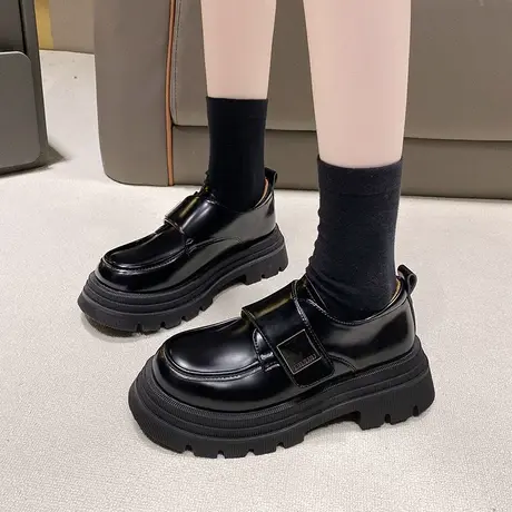法式复古英伦风厚底小皮鞋女2024新款春秋季百搭配裙子高跟乐福鞋商品大图