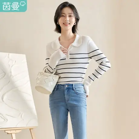 茵曼黑白条纹针织衫女春装2023新款休闲通勤上衣套头POLO领打底衫图片