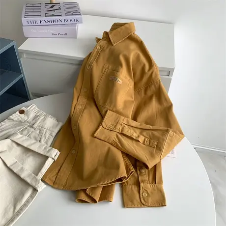 纯棉姜黄色宽松加厚衬衫女韩版宽松中长款前短后长上衣外套秋冬女图片