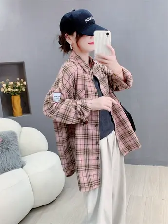 粉色长袖格子衬衫女薄款2023新款早秋宽松洋气设计感百搭上衣外套商品大图