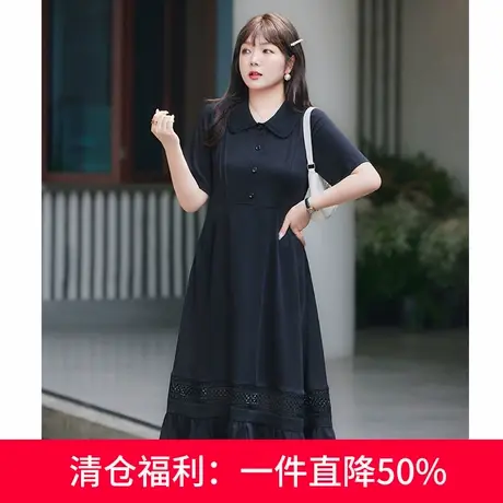 显瘦大码胖MM连衣裙短袖夏季新款收腰设计感荷叶摆长款A字小黑裙图片
