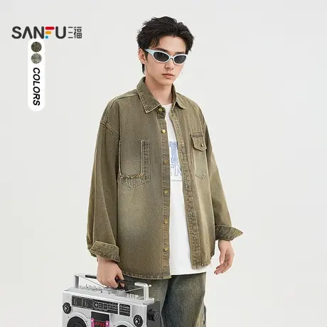 三福2025春季男士水洗做旧长衬衫 翻领落肩牛仔上衣497529商品大图