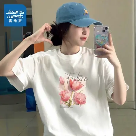 KMV真维斯白色纯棉短袖t恤女士2025新款夏大码宽松内搭设计感上衣商品大图
