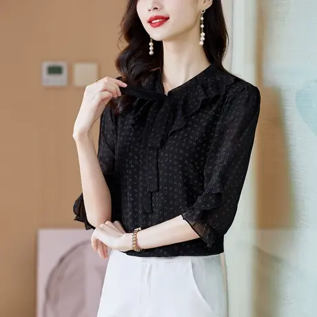 2023夏季新款漂亮雪纺衫女印花七分袖黑色衬衫女气质别致法式上衣商品大图