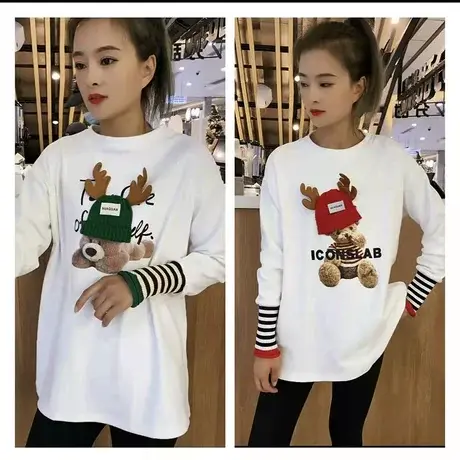 小鹿圣诞磨毛加厚长袖T恤女秋冬新款宽松内搭打底衫洋气ins潮上衣商品大图