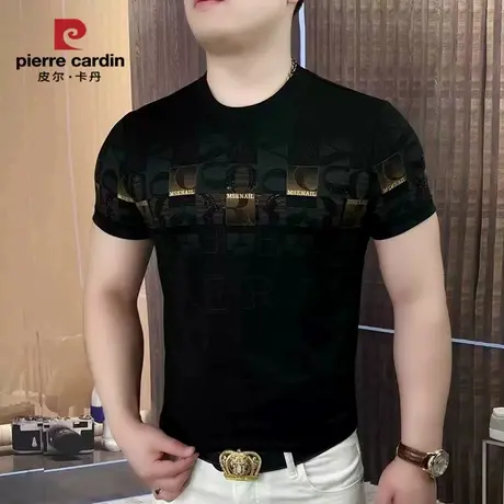皮尔卡丹男士时尚夏季半袖潮流修身印花圆领T恤休闲轻奢百搭个性图片