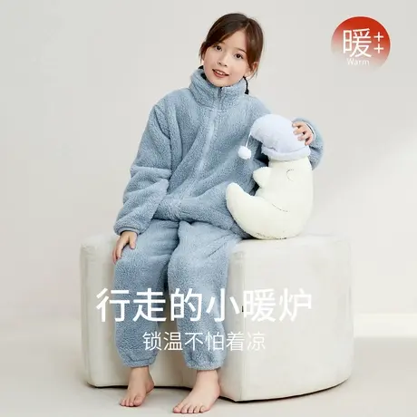 秋鹿珊瑚绒儿童秋冬睡衣女保暖加厚长毛绒简约纯色家居服大童套装商品大图