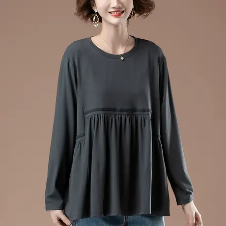 长袖t恤女春秋新款加肥加大码女装宽松中年妈妈遮肚子显瘦打底衫商品大图
