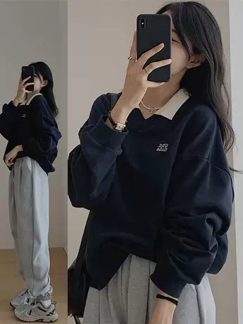 vintage美式轻熟风polo领卫衣女冬加绒小众大码v领上衣潮ins长袖图片