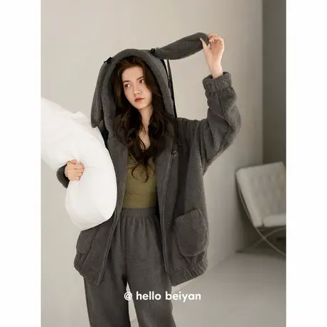 贝妍新款睡衣女秋冬保暖珊瑚绒套装时尚少女运动风加厚加绒家居服商品大图