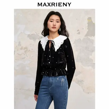 【奥莱】MAXRIENY轻奢摩登复古烫钻黑丝绒修身雪纺衫修身上衣图片